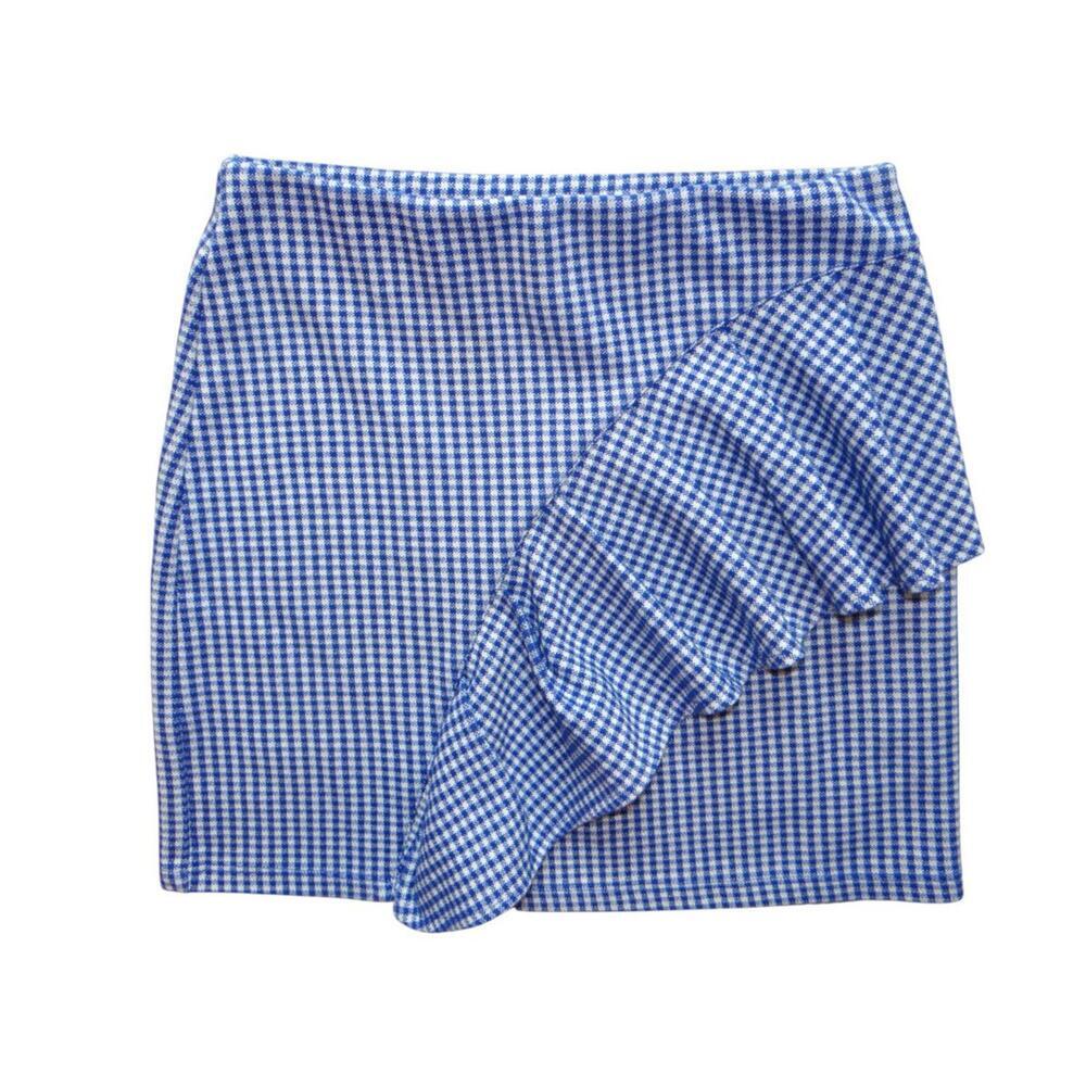 Chic Blue Gingham Ruffle‎ Skirt